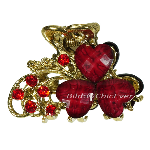 Haargreifer Herzen Haarklammer Metall Strass 3x2cm rot gold 5696c - zum Schließen ins Bild klicken